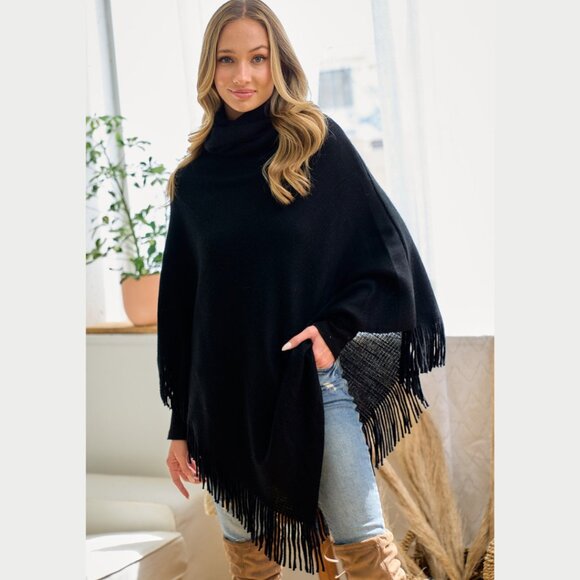 ON BLUE Black Light Weight Cowl Neck Poncho - Picture 5 of 16